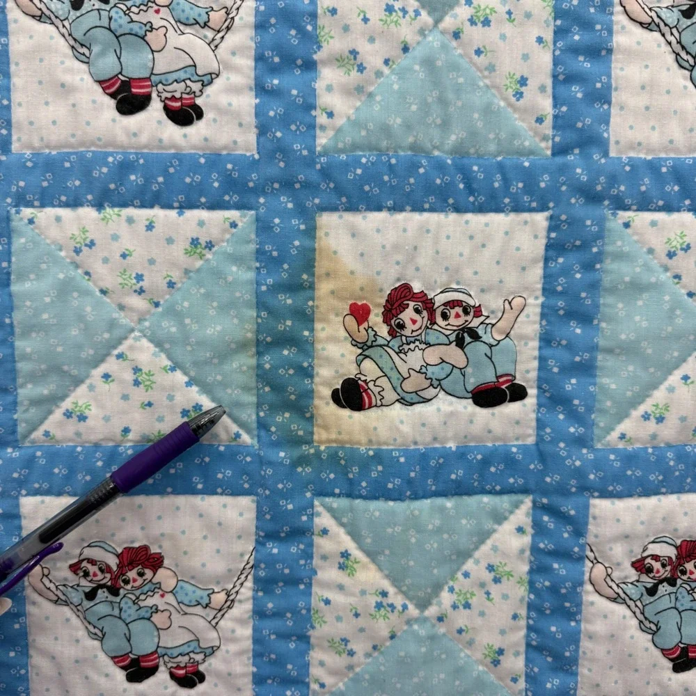 Vintage Raggedy Ann Andy Baby Quilt Blanket Blue White Lace Trim 44x40 Patchwork
